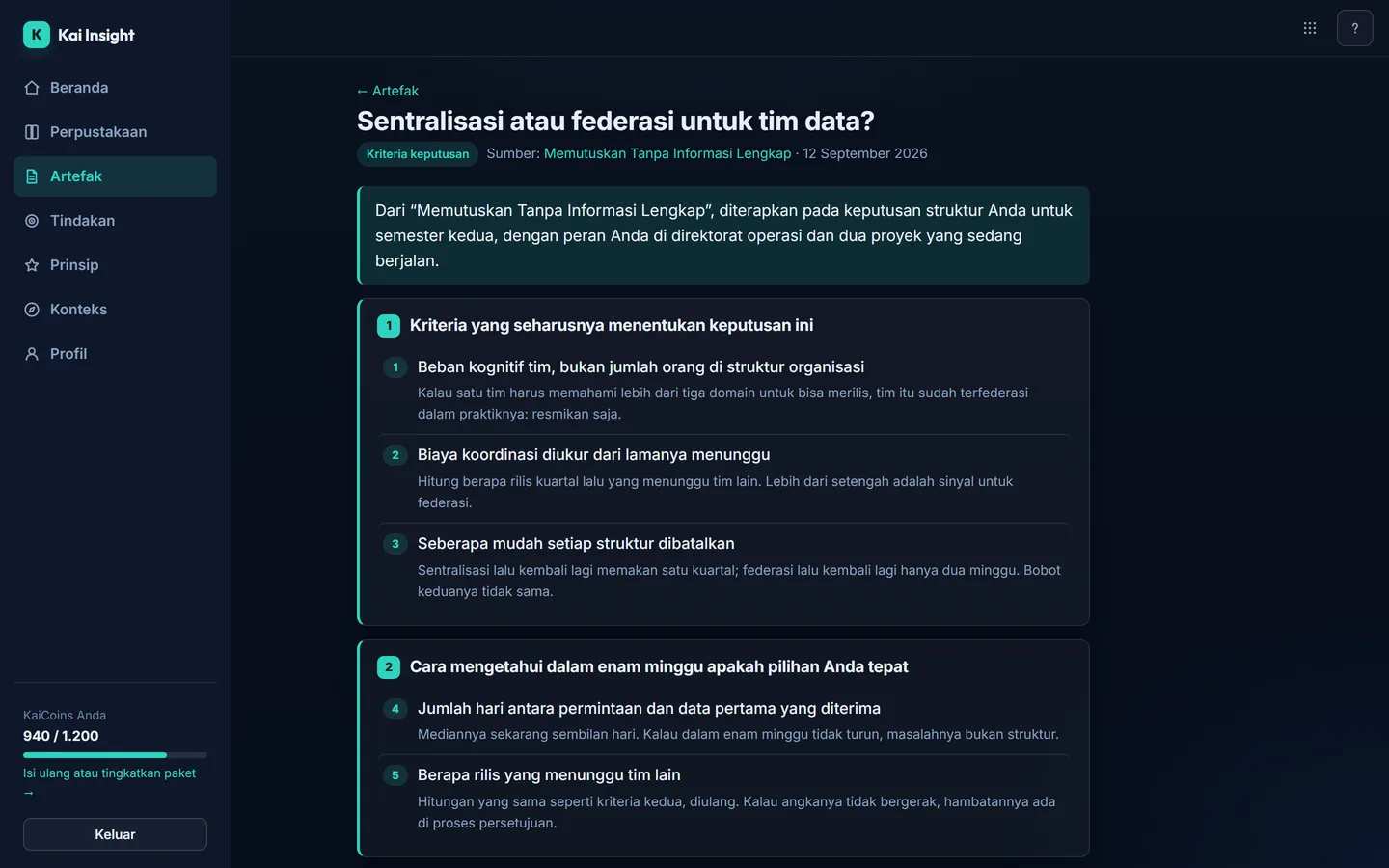 Artefak jenis keputusan di Kai Insight, dengan dua bagian kriteria bernomor beserta catatan verifikasinya.