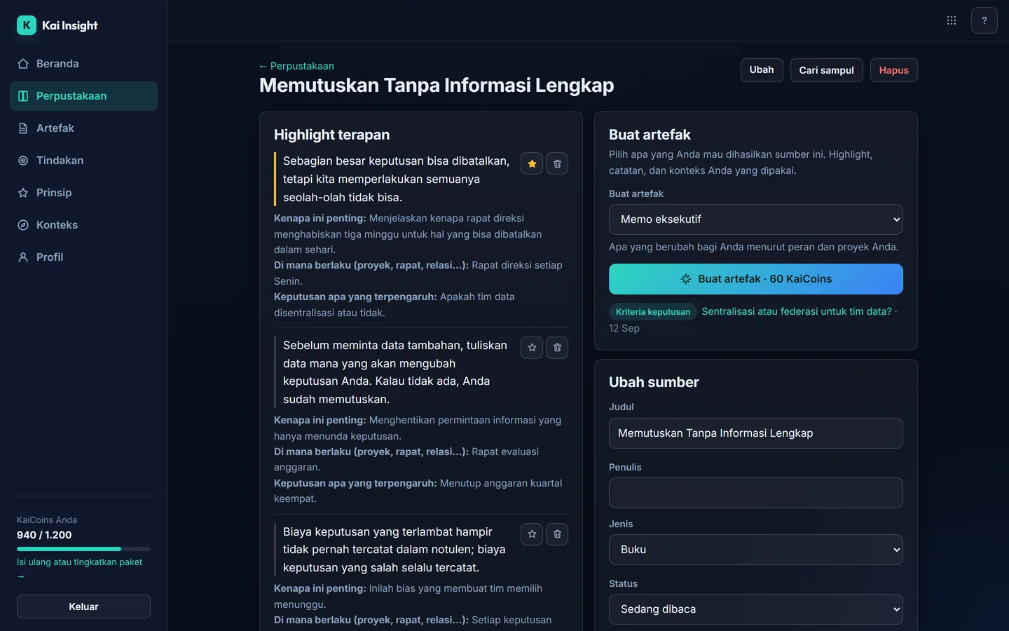 Halaman sebuah buku di Kai Insight dengan tiga highlight, masing-masing disertai kenapa penting, di mana berlaku, dan keputusan mana yang terpengaruh, di sebelahnya panel pembuat artefak.